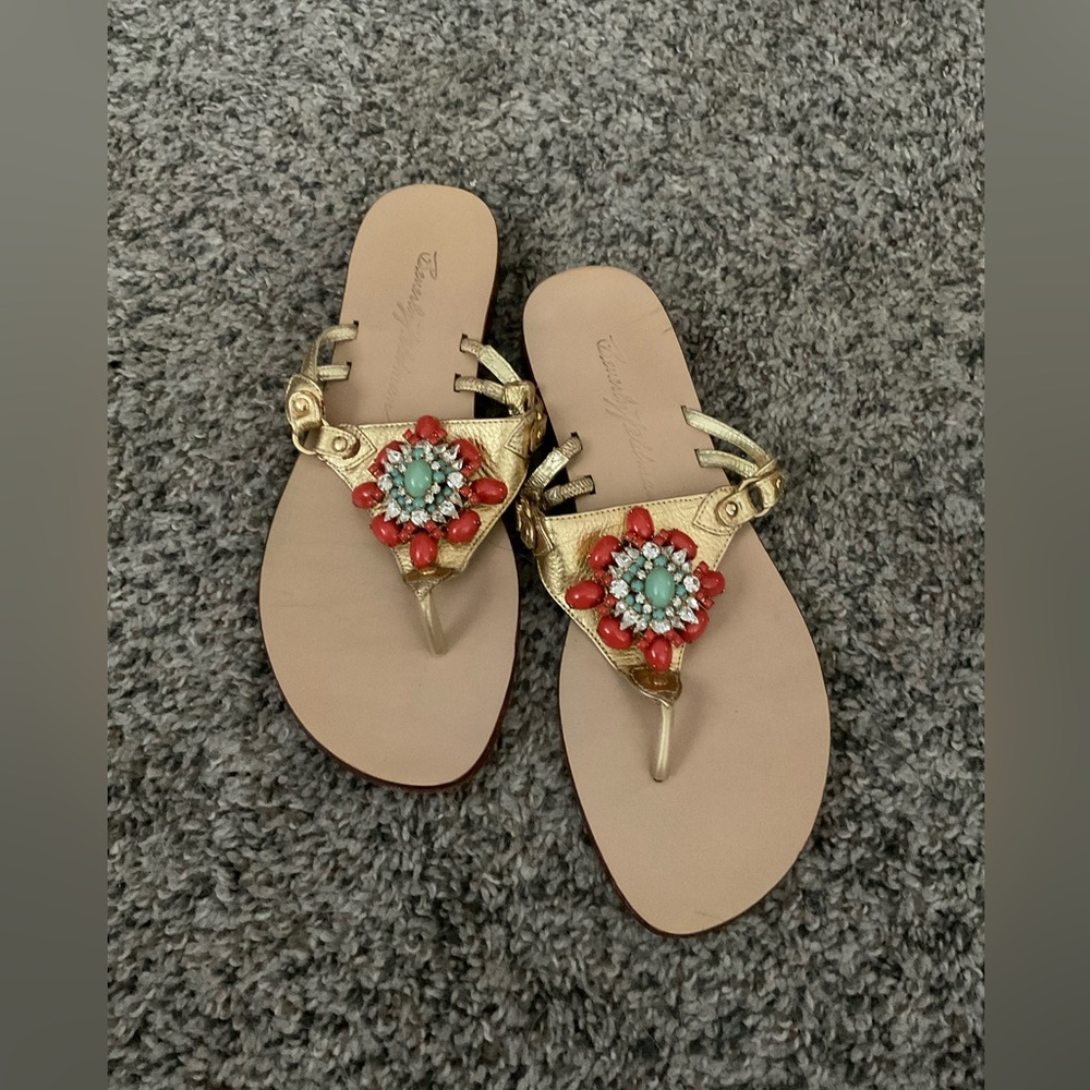 Beverly Feldman gold embellished Sandals - size 7.5 Spring Summer Beach